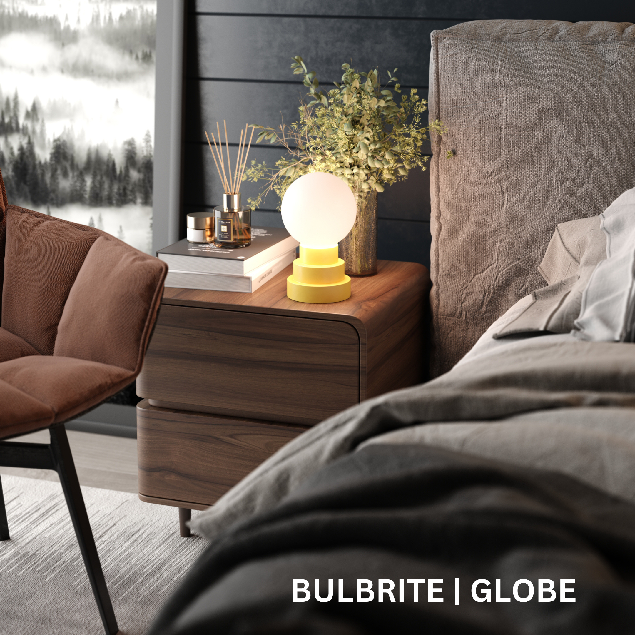 Spherical light set on a multi-tiered yellow platform. The platform sits on a nightstand.