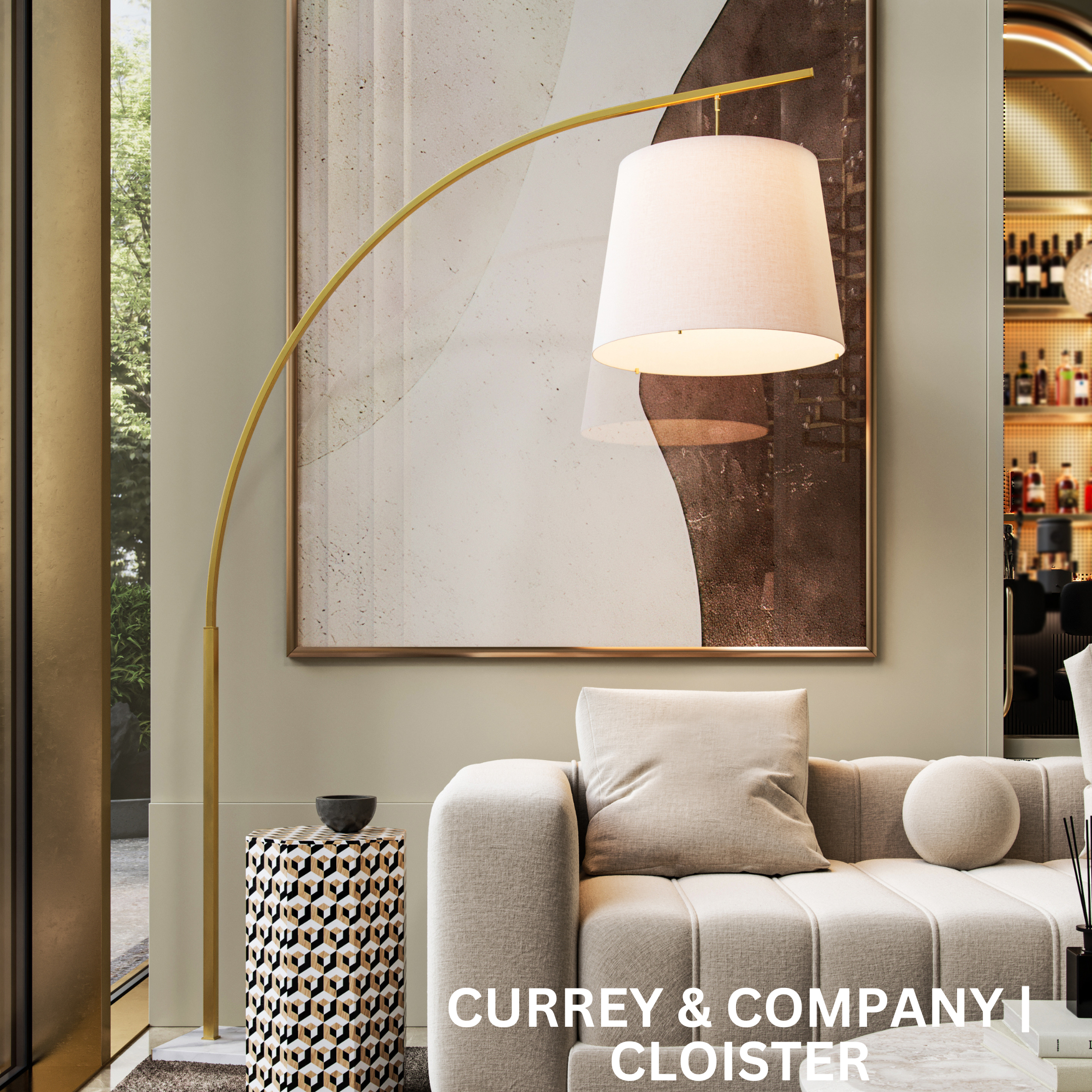 Gold curved lamp set over a beige couch.