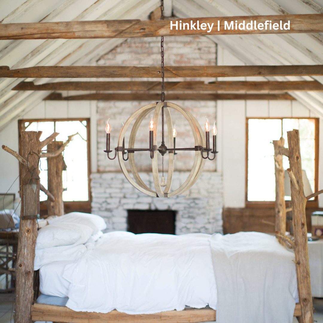 A rustic bedroom highlighting a spherical wooden chandelier.