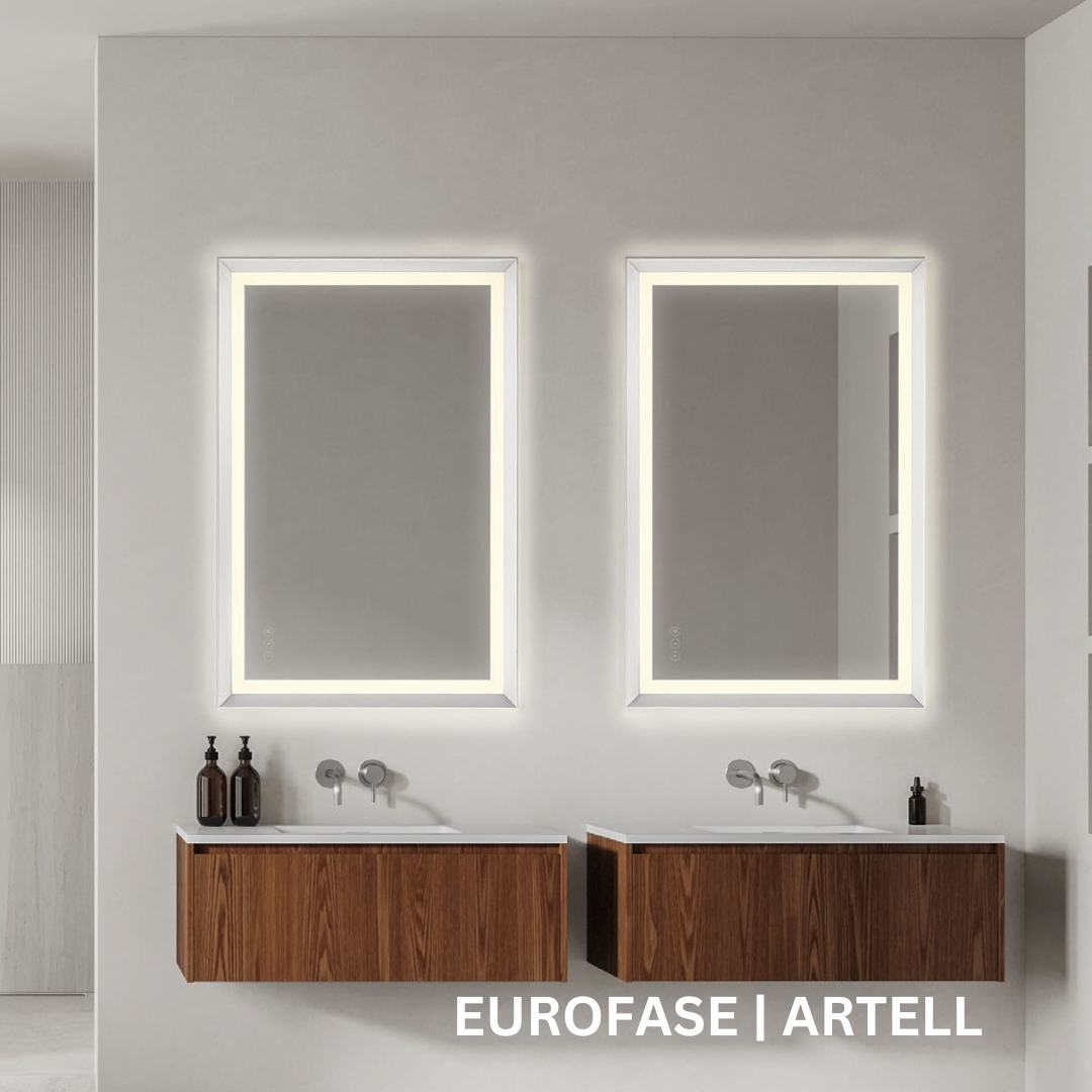 Two rectangular mirrors with inset LED lighting along the edge. The mirrors are above two individual vanities.
