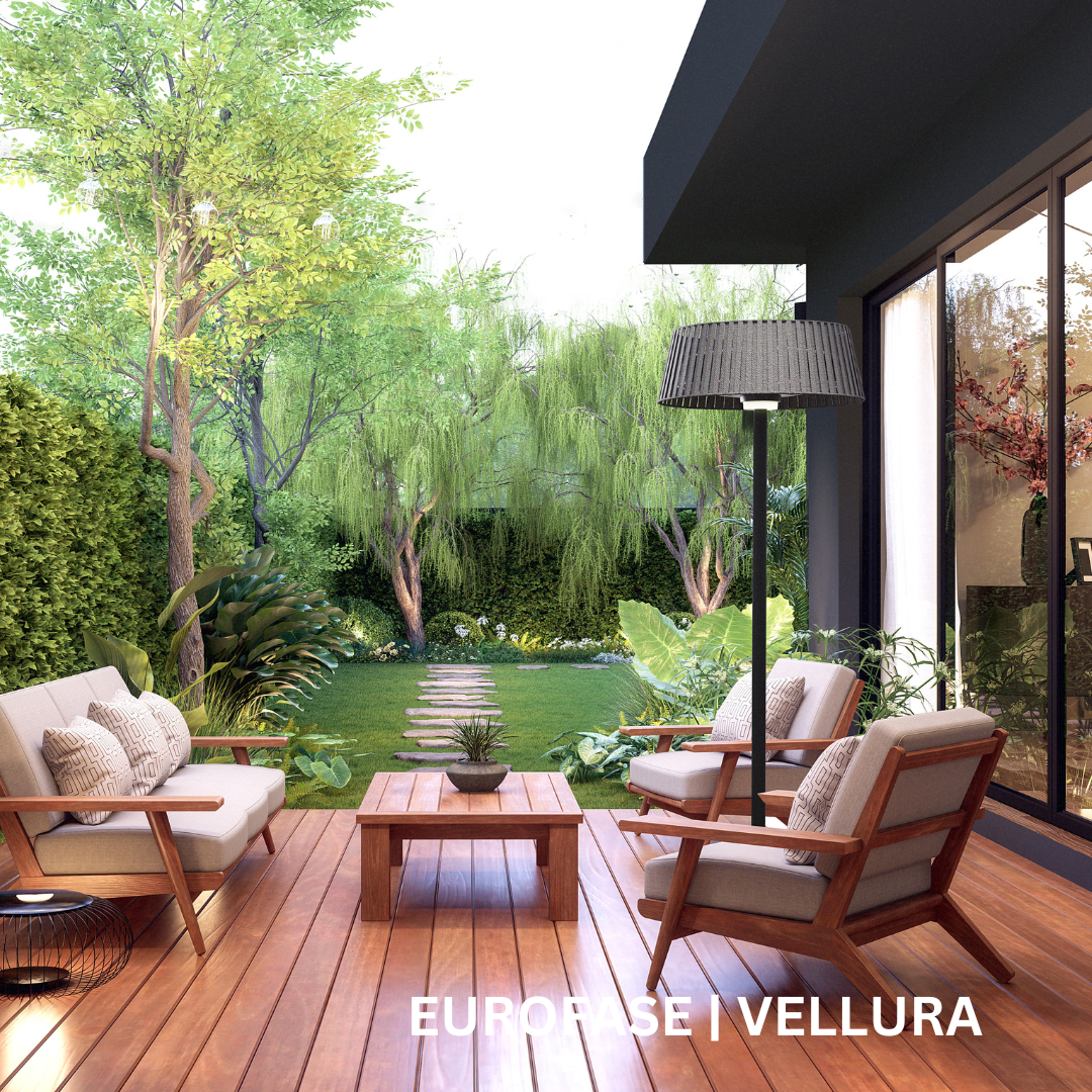 Black lamp on an outdoor wooden patio.