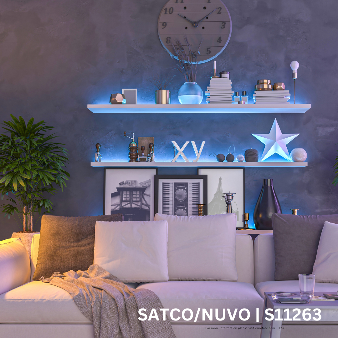Living room with shelving. The shelving has blue LED light strips.