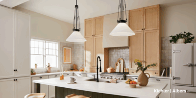 Kitchen with 2 pendant lights. The stems are black with opal glass shades.