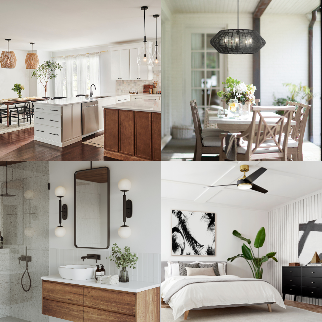 Collage of four lifestyle images showing different light fixtures.