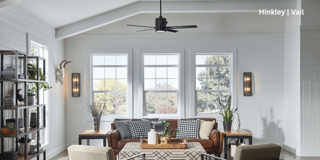 Smart fan hung in a living room.
