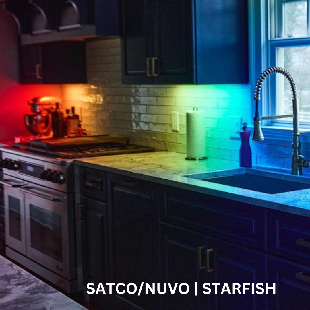 Kitchen lit up with multicolored undercabinet lights.