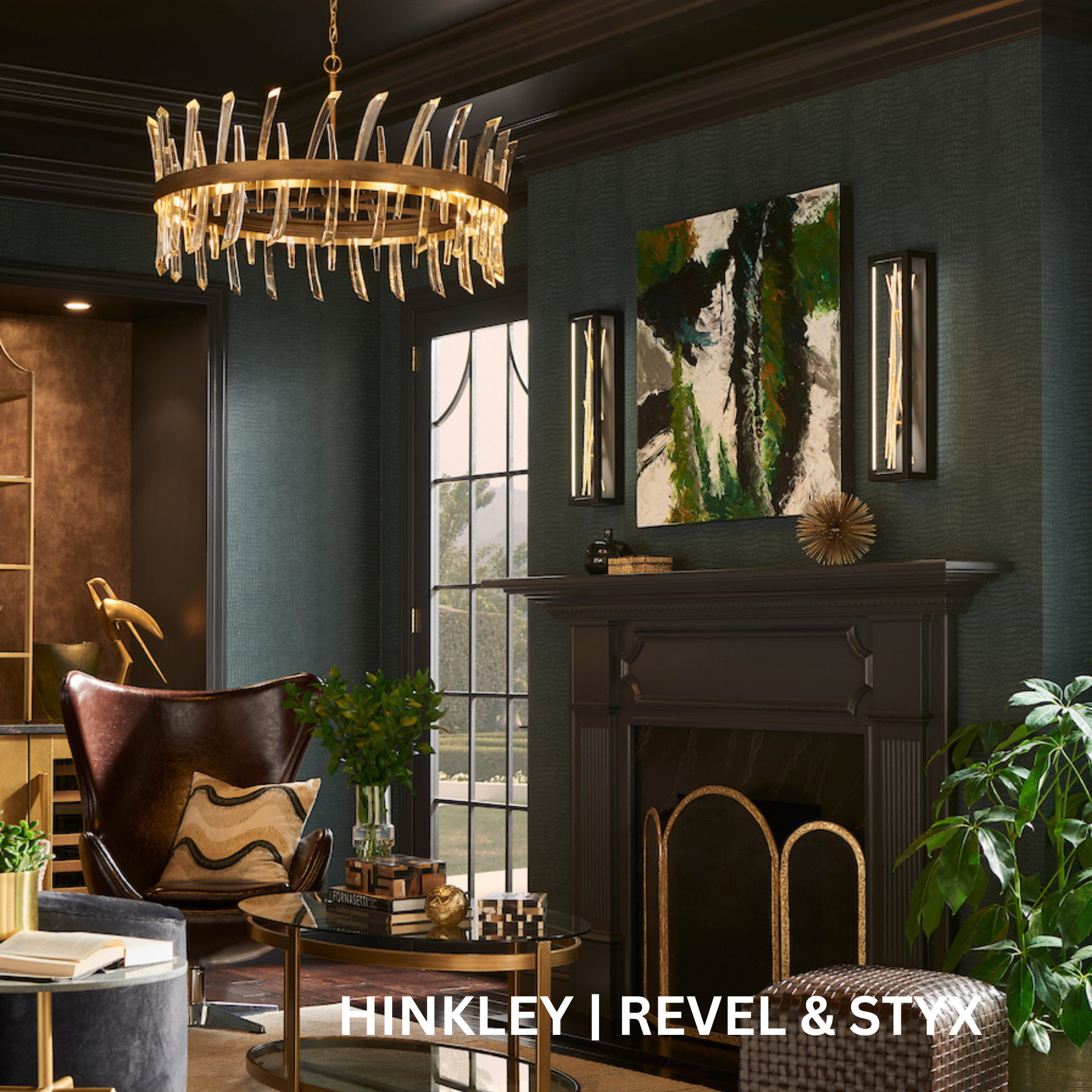 2 wall sconces with stick-like shapes in frames. 1 chandelier made of chunky glass pieces with a gold ring wrapped around them.