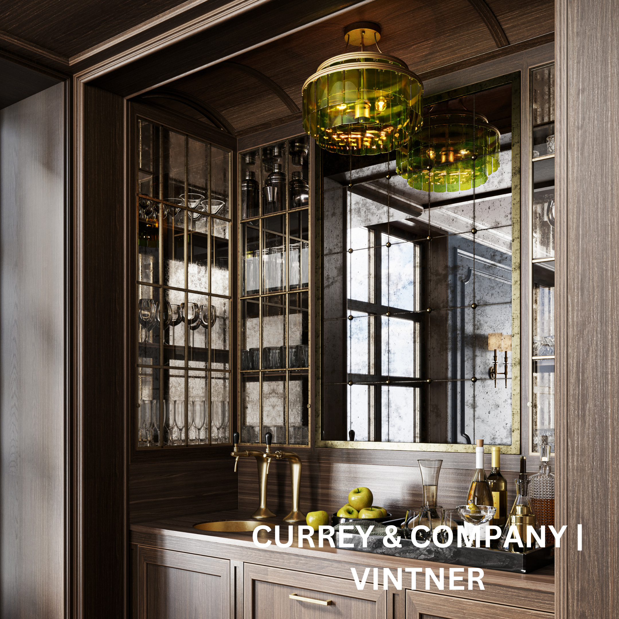 Semi-flush mount light fixture with green glass hanging in a dry bar.