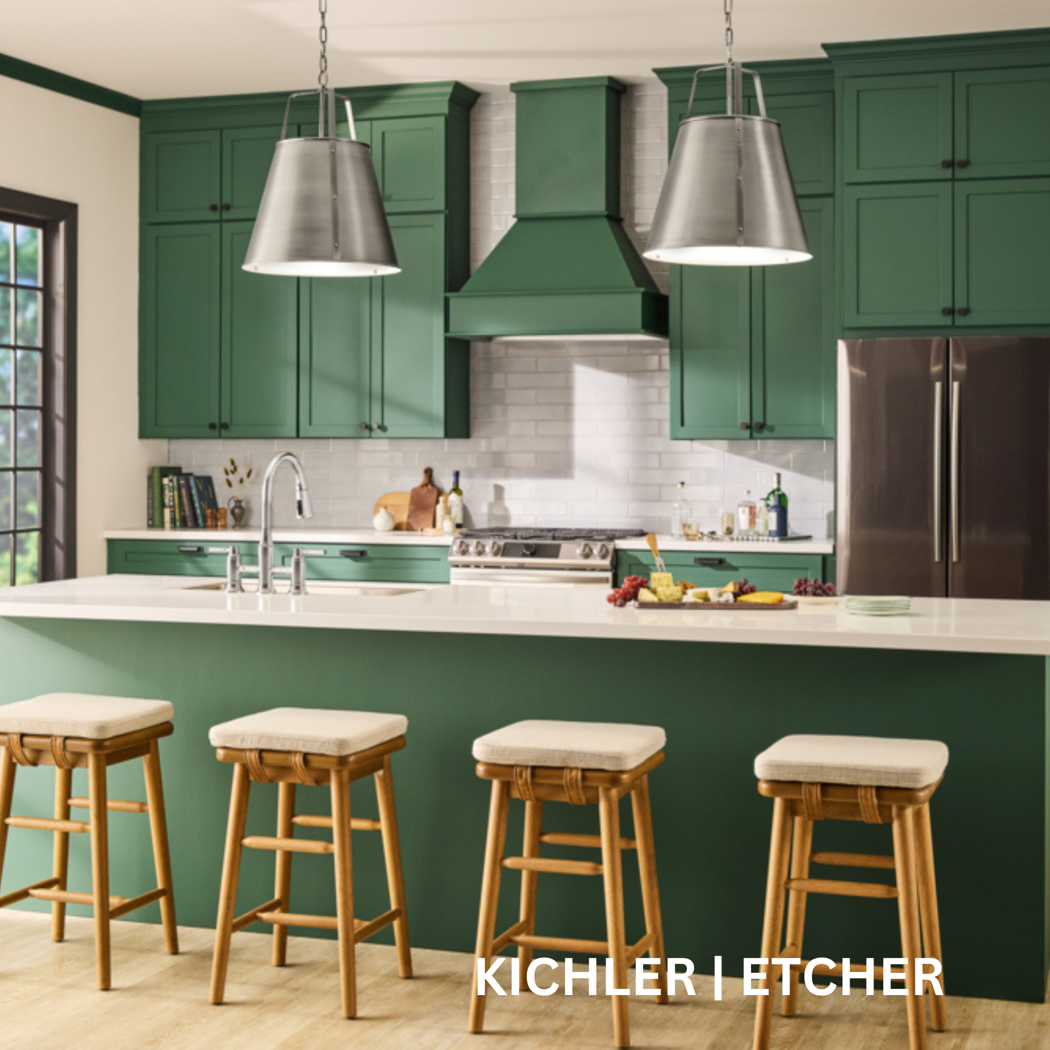 2 pendant lights that each look like an upside-down silver bucket.