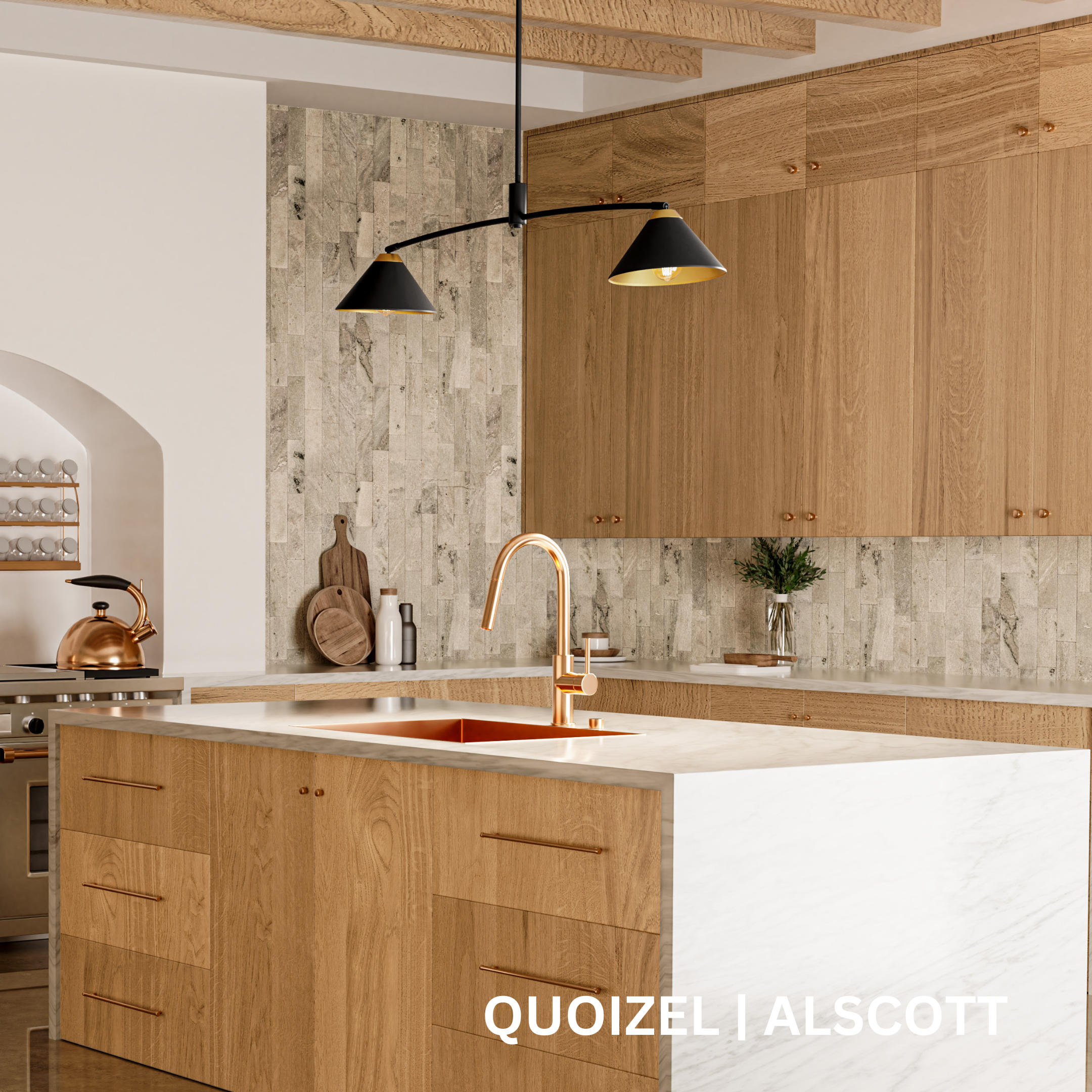 2-light black and bronze fixture over a kitchen island. 