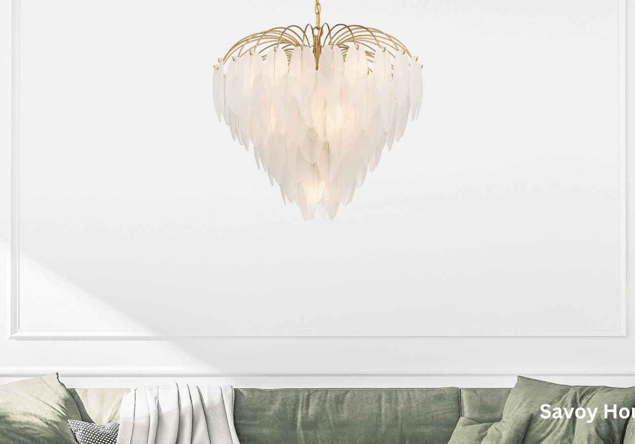 Chandelier made of frosted glass feathers.