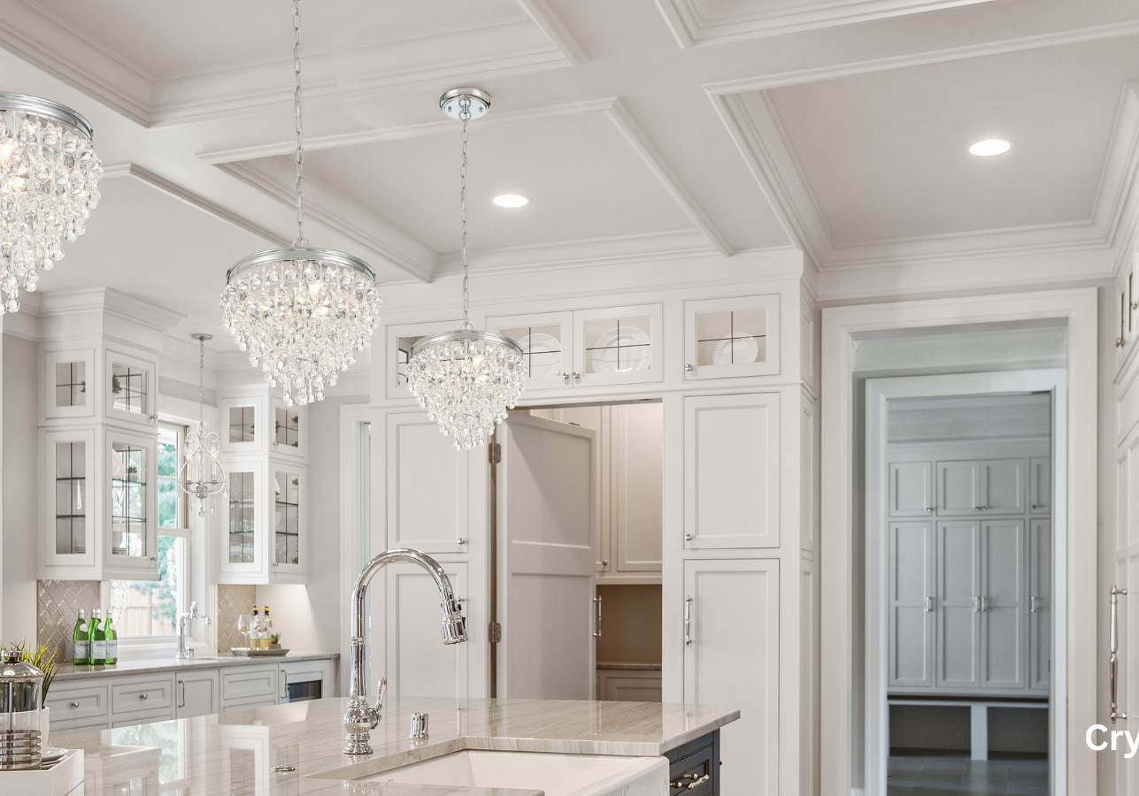 Crystal chandleries hanging in a white kitchen.