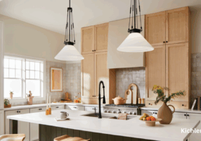 Kitchen with 2 pendant lights. The stems are black with opal glass shades.