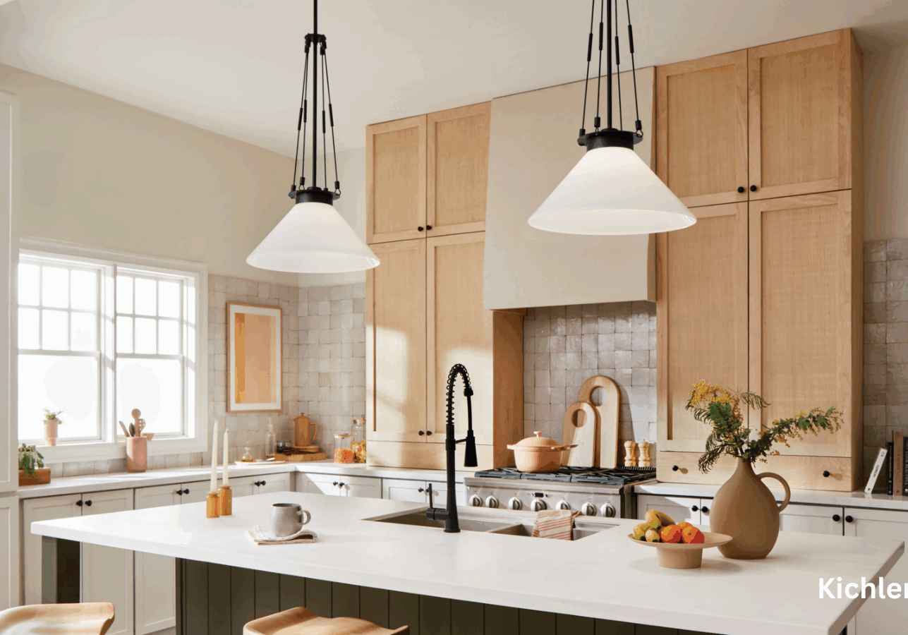 Kitchen with 2 pendant lights. The stems are black with opal glass shades.