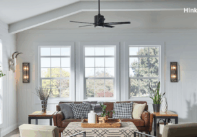 Smart fan hung in a living room.