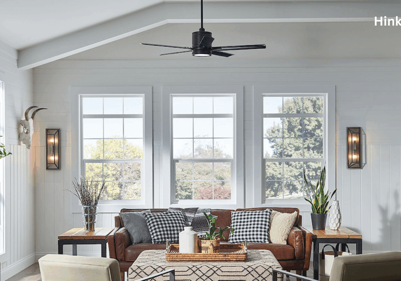 Smart fan hung in a living room.